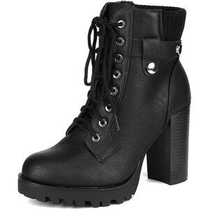 Women's Lace up Combat Ankle Boots High Chunky Heel Fashion Heeled Booties